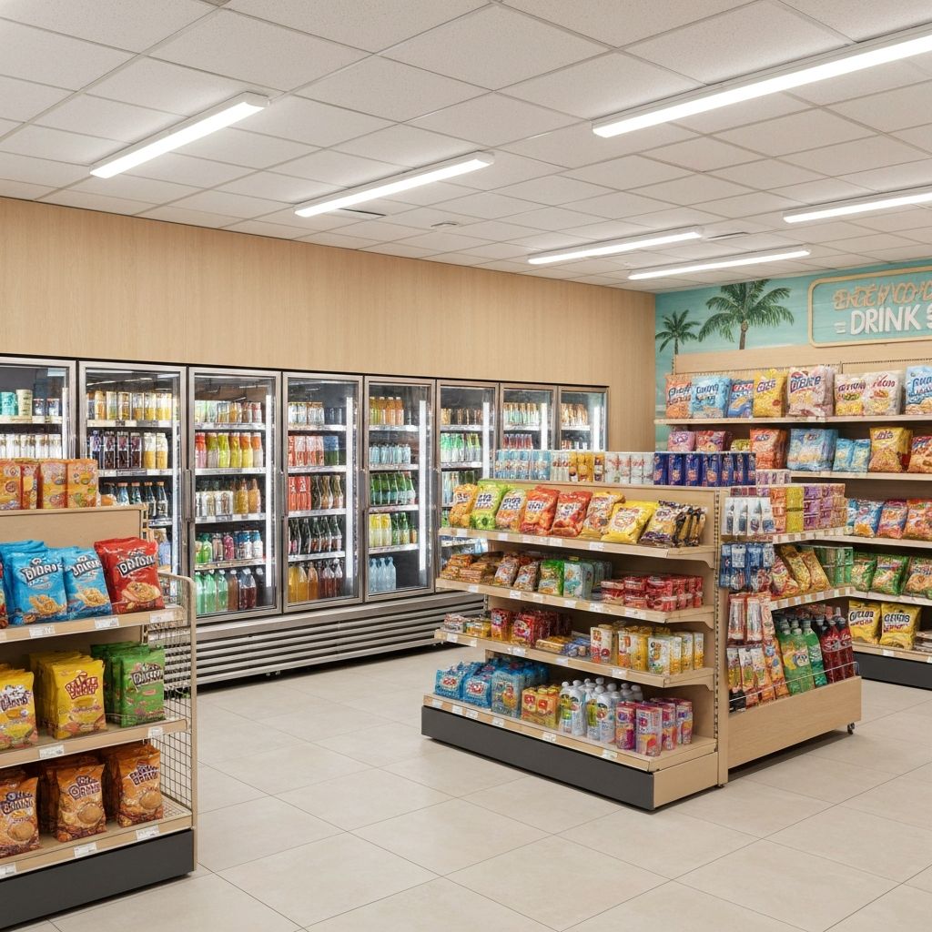Inside Mission Beach Mini Mart – stocked shelves with snacks, beverages and daily essentials